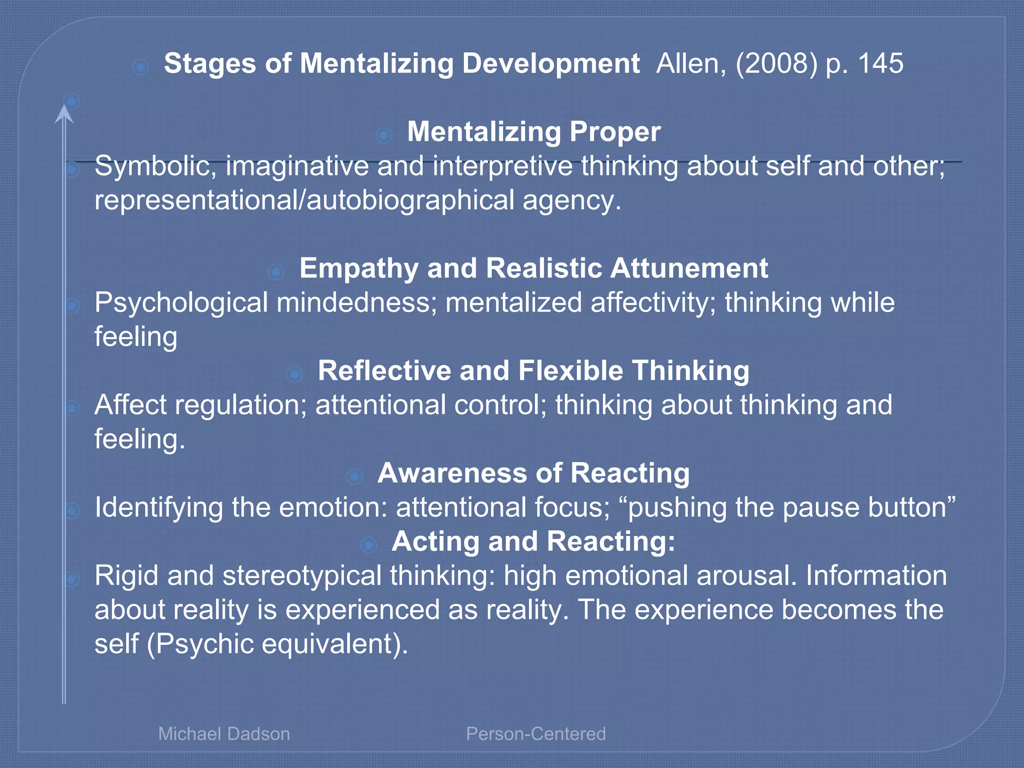 ⦿ Stages of Mentalizing Development Allen, (2008) p. 145
⦿
⦿ Mentalizing Proper
⦿ Symbolic, imaginative and interpretive thinking about self and other;
representational/autobiographical agency.
⦿ Empathy and Realistic Attunement
⦿ Psychological mindedness; mentalized affectivity; thinking while
feeling
⦿ Reflective and Flexible Thinking
⦿ Affect regulation; attentional control; thinking about thinking and
feeling.
⦿ Awareness of Reacting
⦿ Identifying the emotion: attentional focus; “pushing the pause button”
⦿ Acting and Reacting:
⦿ Rigid and stereotypical thinking: high emotional arousal. Information
about reality is experienced as reality. The experience becomes the
self (Psychic equivalent).
Michael Dadson Person-Centered
 