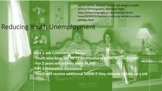 Reducing Youth Unemployment
Part 1-Job Commitment Bonus
-Youth who keep job for 12 continuous months receive $2,500
-For 2 years will receive extra $4,000
Part 2-Relocation Assistance
-Youth will receive additional $6000 if they relocate to take up a job
GETTY (2012). Slackers’ brains ‘are wired to under-
achieve’[Photograph], Retrieved from
http://www.telegraph.co.uk/science/science-
news/9239372/Slackers-brains-are-wired-to-under-
achieve.html
 