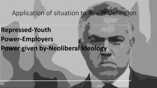 Application of situation to Power Definition
Repressed-Youth
Power-Employers
Power given by-Neoliberal Ideology
 