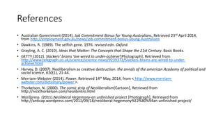 References
• Australian Government (2014), Job Commitment Bonus for Young Australians, Retrieved 23rd April 2014,
from http://employment.gov.au/news/job-commitment-bonus-young-Australians
• Dawkins, R. (1989). The selfish gene. 1976. revised edn. Oxford.
• Grayling, A. C. (2010). Ideas that Matter: The Concepts that Shape the 21st Century. Basic Books.
• GETTY (2012). Slackers’ brains ‘are wired to under-achieve’[Photograph], Retrieved from
http://www.telegraph.co.uk/science/science-news/9239372/Slackers-brains-are-wired-to-under-
achieve.html
• Harvey, D. (2007). Neoliberalism as creative destruction. the annals of the american Academy of political and
social science, 610(1), 21-44.
• Merriam-Webster (2014). Power. Retrieved 14th May, 2014, from < http://www.merriam-
webster.com/dictionary/power >.
• Thorkelson, N. (2000). The comic strip of Neoliberalism[Cartoon], Retrieved from
http://nickthorkelson.com/neolibintro.html
• Wordpress (2011).Neoliberal Hegemony-an unfinished project [Photograph], Retrieved from
http://anticap.wordpress.com/2011/09/18/neoliberal-hegemony%E2%80%94an-unfinished-project/
 
