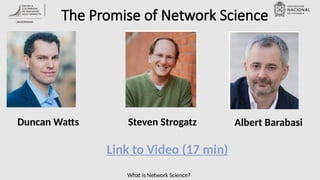 What is Network Science?
The Promise of Network Science
Link to Video (17 min)
Duncan Watts Albert Barabasi
Steven Strogatz
 