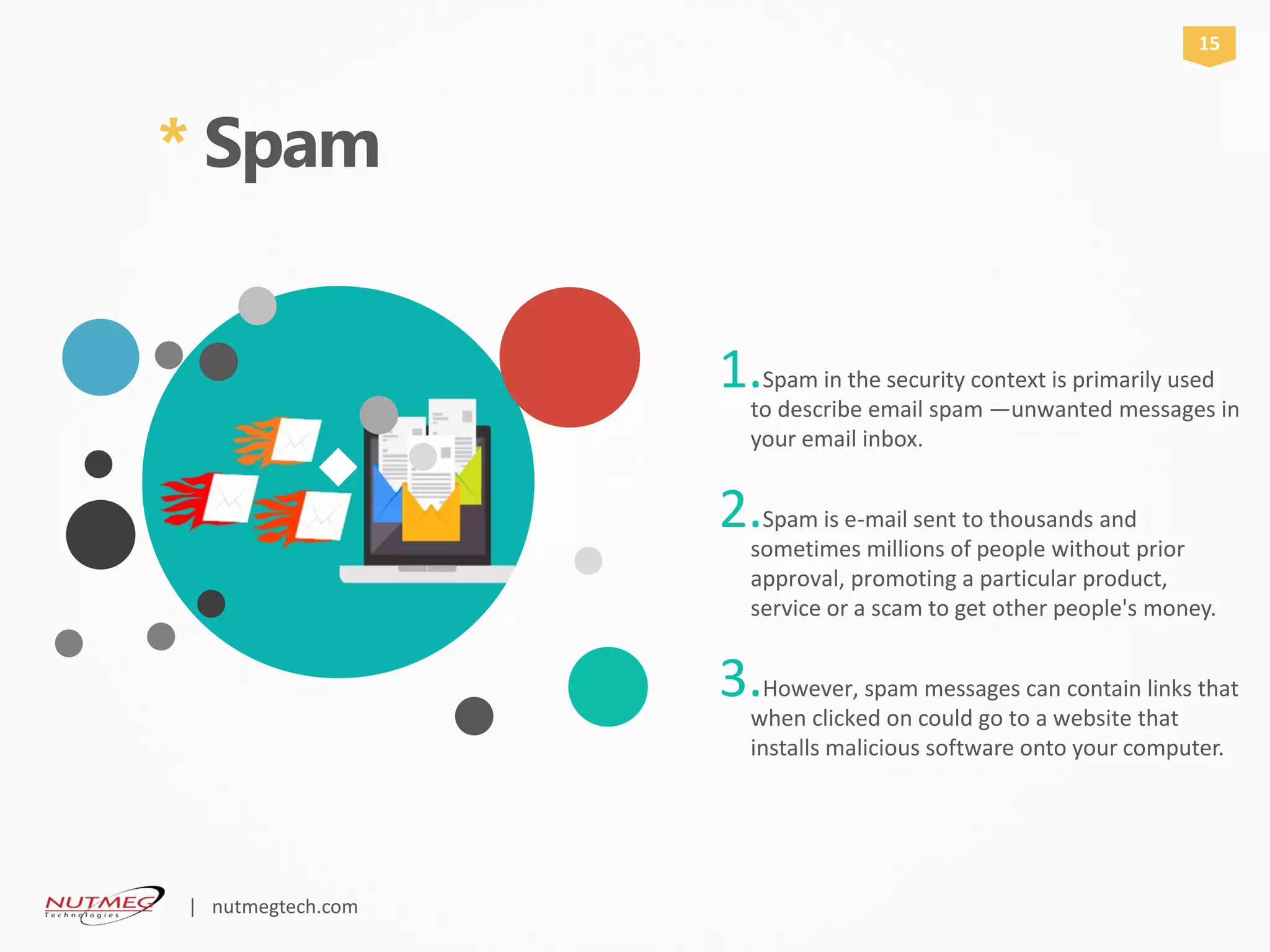 * Spam

Spam in the security context is primarily used1.
to describe email spam —unwanted messages in
your email inbox.
Spam is e2. -mail sent to thousands and
sometimes millions of people without prior
approval, promoting a particular product,
service or a scam to get other people's money.
However, spam messages can contain links that3.
when clicked on could go to a website that
installs malicious software onto your computer.
15
| nutmegtech.com
 