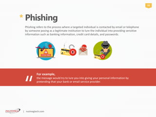 * Phishing
Phishing refers to the process where a targeted individual is contacted by email or telephone
by someone posing as a legitimate institution to lure the individual into providing sensitive
information such as banking information, credit card details, and passwords.
For example,
“
the message would try to lure you into giving your personal information by
pretending that your bank or email service provider.
16
| nutmegtech.com
 