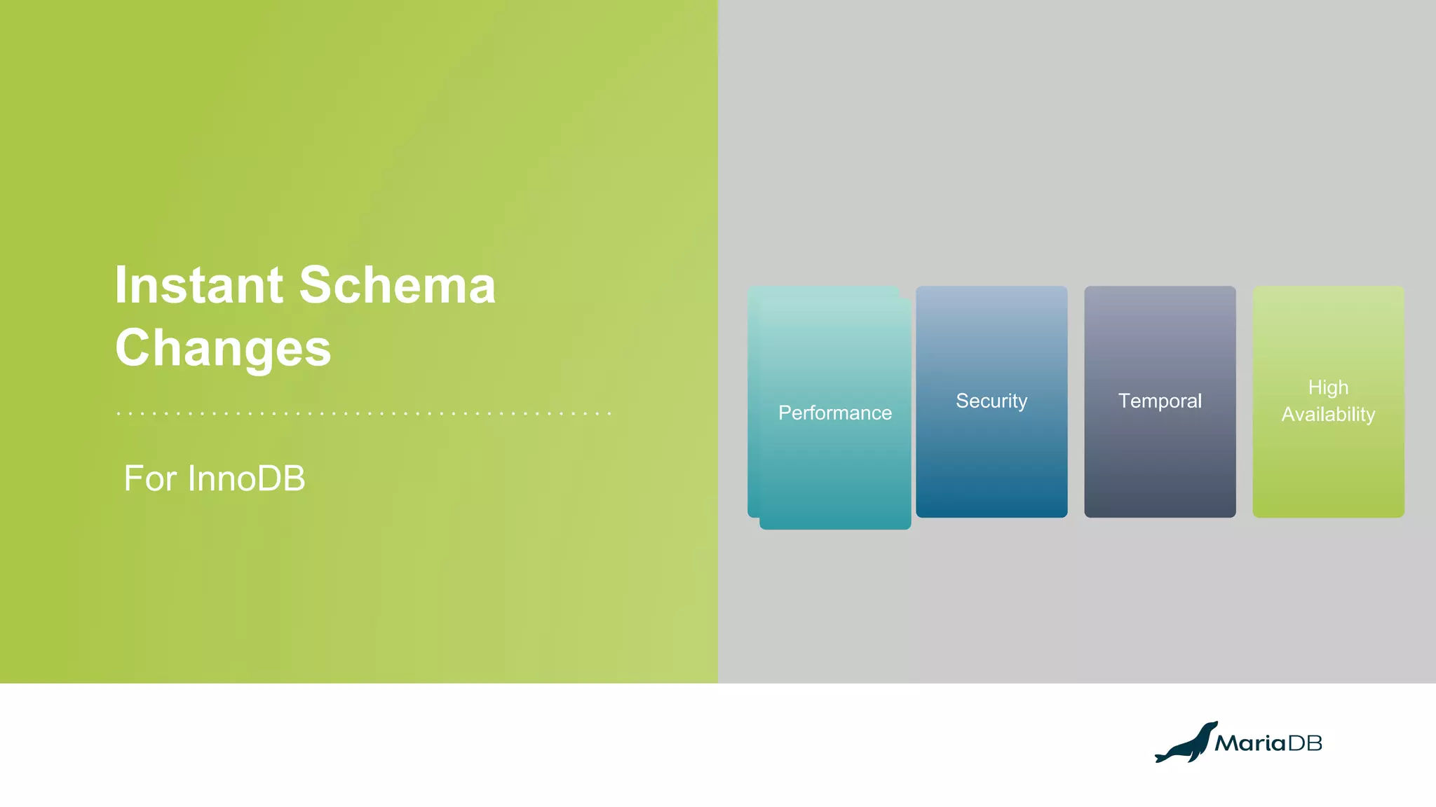 Instant Schema
Changes
For InnoDB
Performance Security Temporal
High
AvailabilityPerformance
 