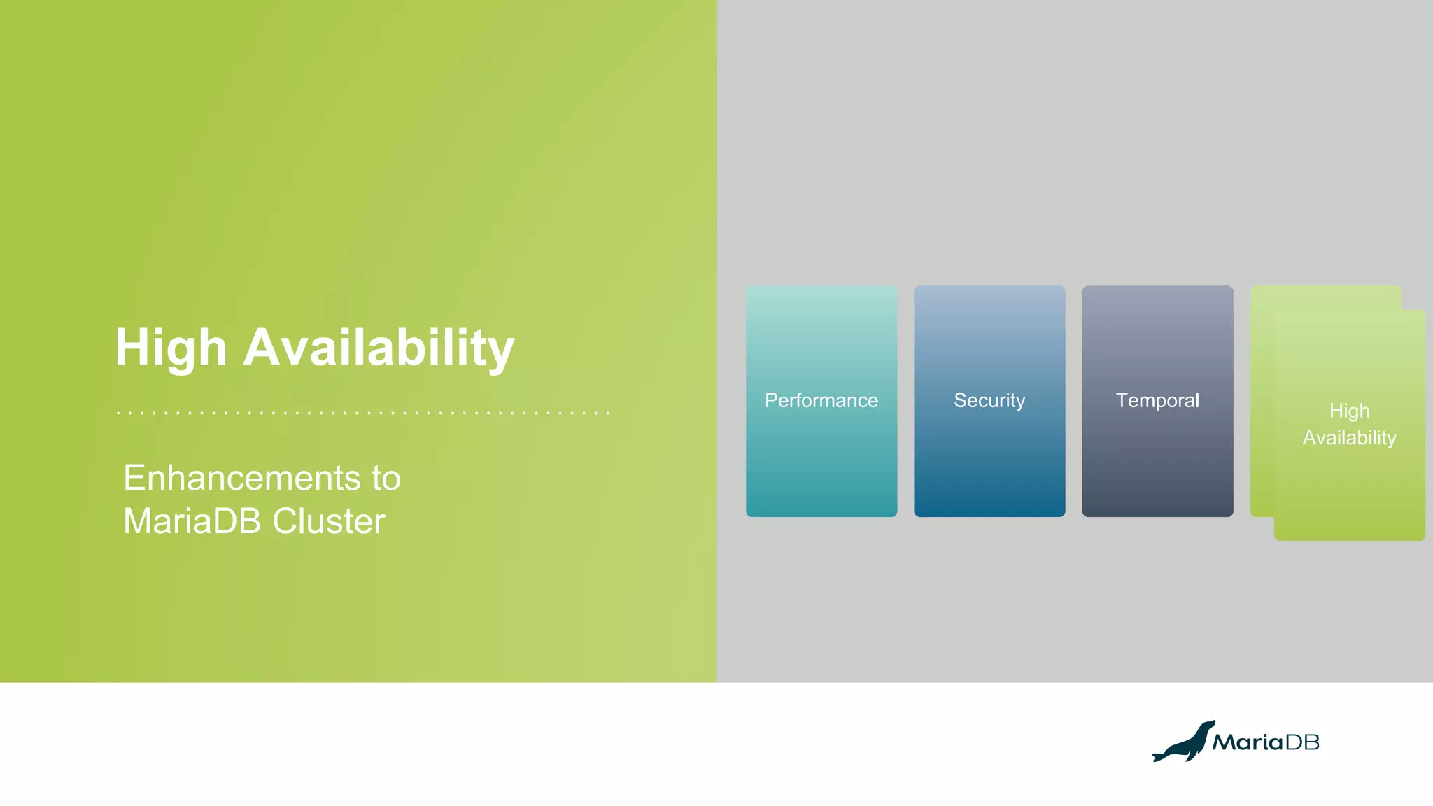High Availability
Enhancements to
MariaDB Cluster
Performance Security Temporal
High
AvailabilityHigh
Availability
 