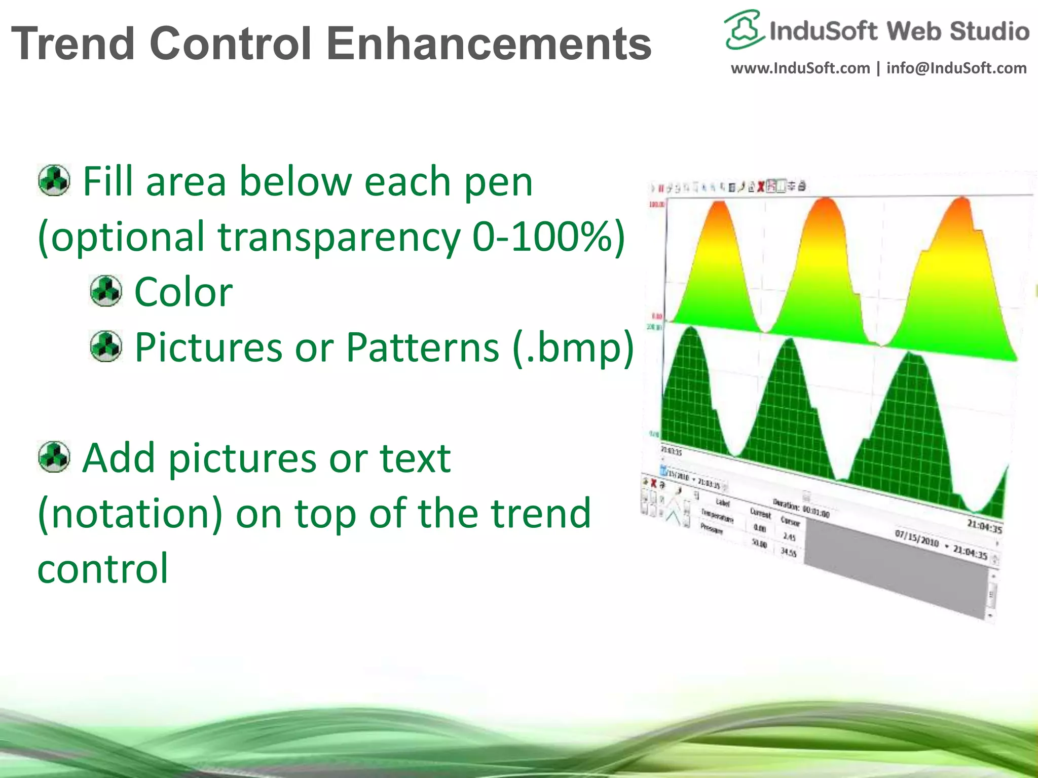 www.InduSoft.com | info@InduSoft.com
Fill area below each pen
(optional transparency 0-100%)
Color
Pictures or Patterns (.bmp)
Add pictures or text
(notation) on top of the trend
control
Trend Control Enhancements
 
