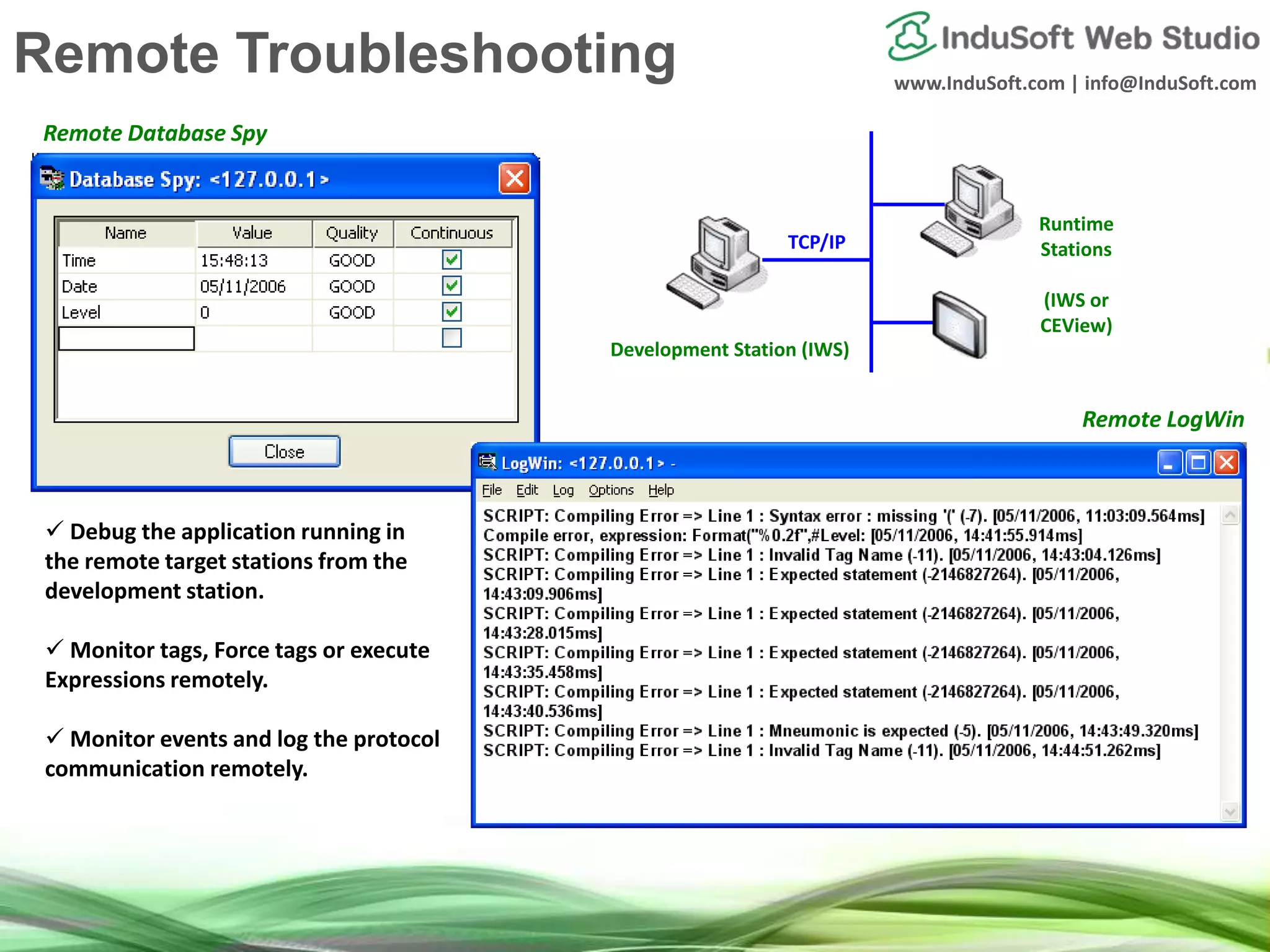 www.InduSoft.com | info@InduSoft.com
 Debug the application running in
the remote target stations from the
development station.
 Monitor tags, Force tags or execute
Expressions remotely.
 Monitor events and log the protocol
communication remotely.
Development Station (IWS)
Runtime
Stations
(IWS or
CEView)
TCP/IP
Remote Database Spy
Remote LogWin
Remote Troubleshooting
 