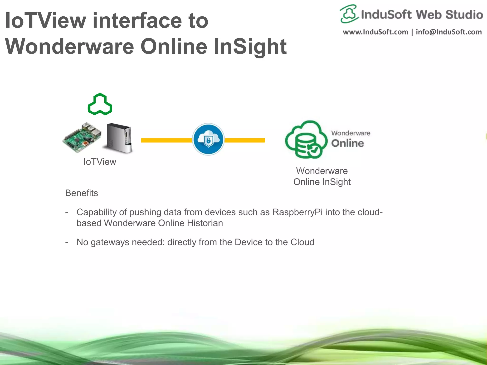 www.InduSoft.com | info@InduSoft.com
IoTView interface to
Wonderware Online InSight
Benefits
- Capability of pushing data from devices such as RaspberryPi into the cloud-
based Wonderware Online Historian
- No gateways needed: directly from the Device to the Cloud
IoTView
Wonderware
Online InSight
 