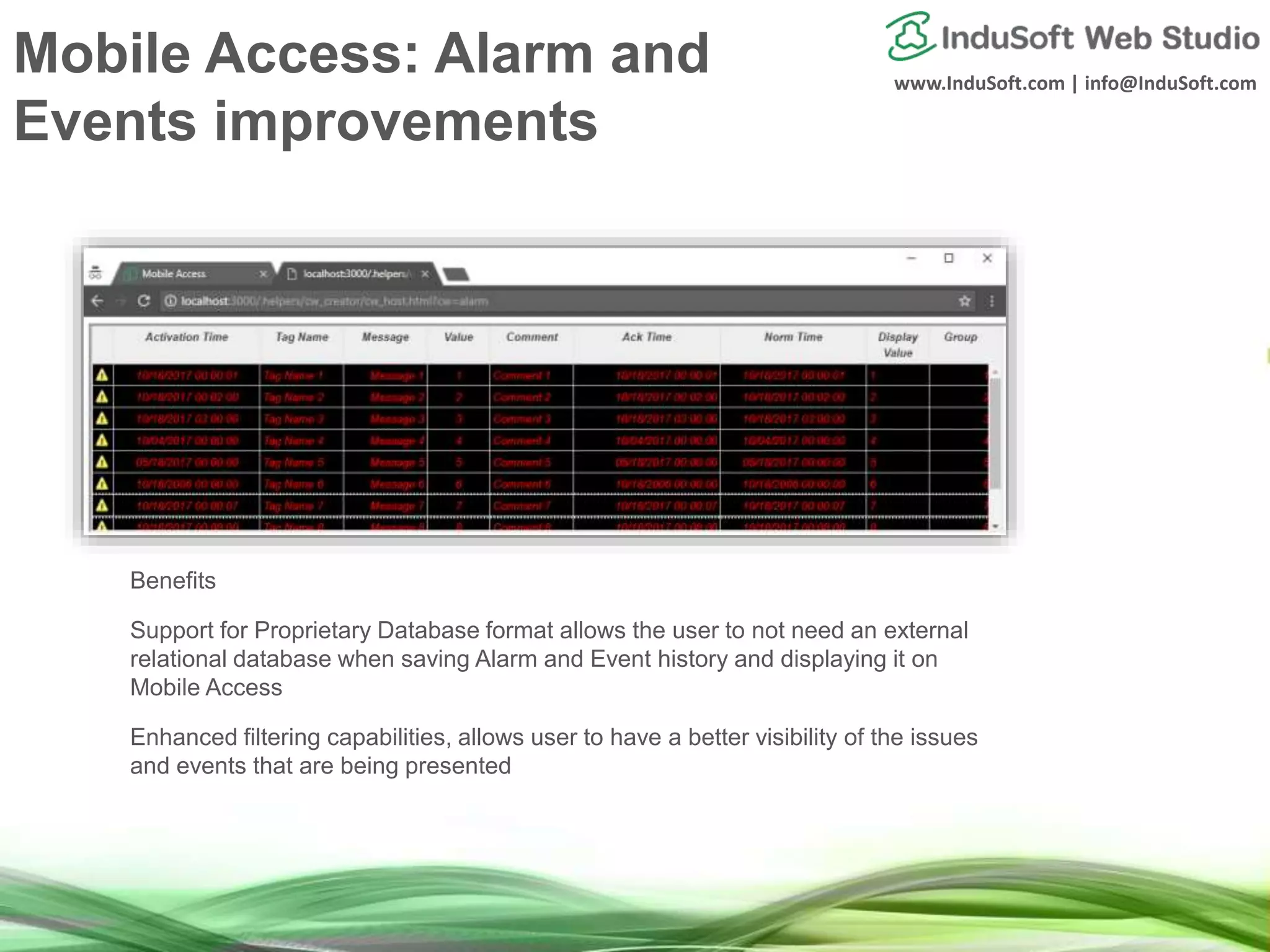 www.InduSoft.com | info@InduSoft.com
Mobile Access: Alarm and
Events improvements
Benefits
Support for Proprietary Database format allows the user to not need an external
relational database when saving Alarm and Event history and displaying it on
Mobile Access
Enhanced filtering capabilities, allows user to have a better visibility of the issues
and events that are being presented
 