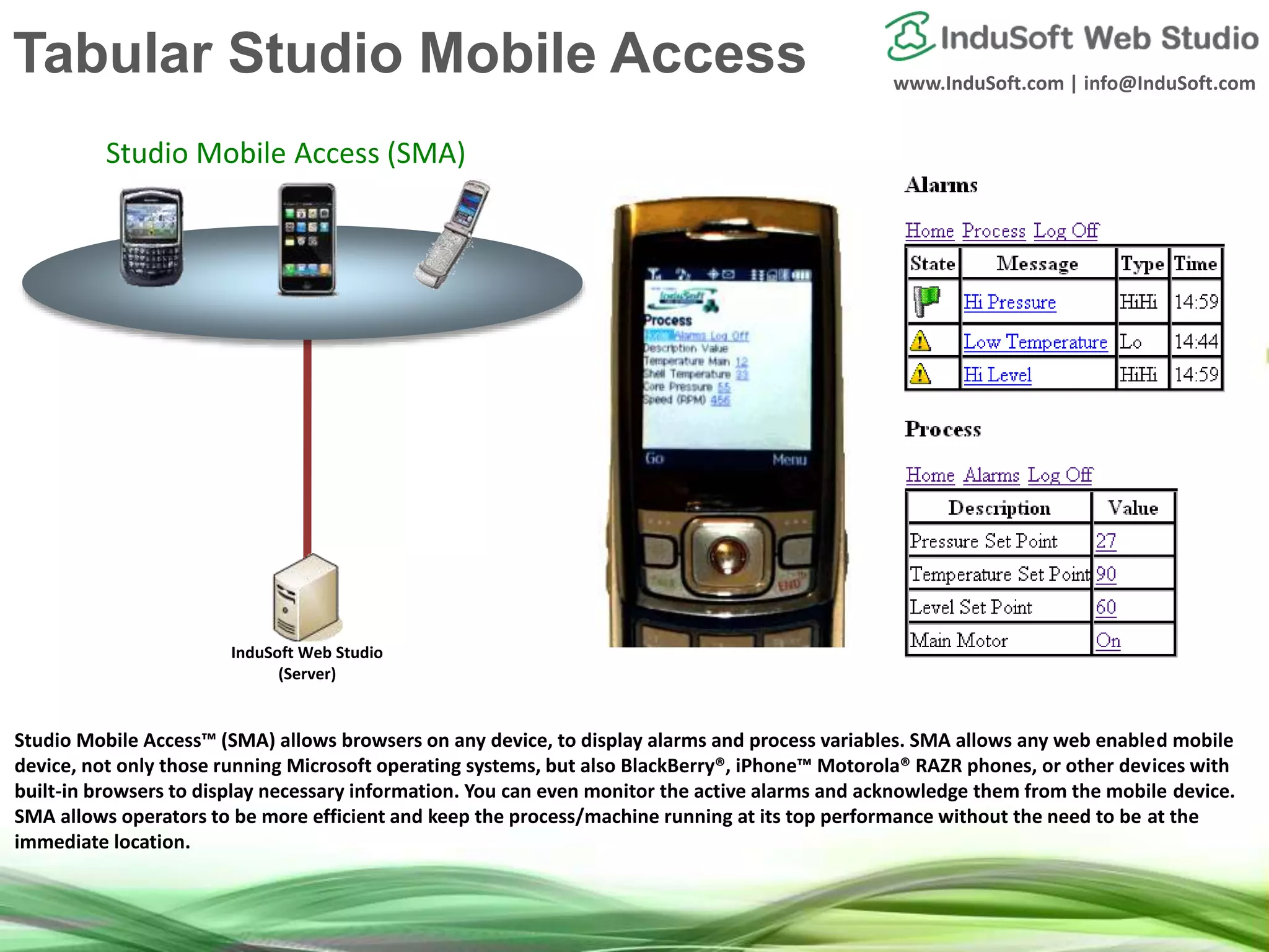 www.InduSoft.com | info@InduSoft.com
InduSoft Web Studio
(Server)
SMA (Studio Mobile Access)
Studio Mobile Access™ (SMA) allows browsers on any device, to display alarms and process variables. SMA allows any web enabled mobile
device, not only those running Microsoft operating systems, but also BlackBerry®, iPhone™ Motorola® RAZR phones, or other devices with
built-in browsers to display necessary information. You can even monitor the active alarms and acknowledge them from the mobile device.
SMA allows operators to be more efficient and keep the process/machine running at its top performance without the need to be at the
immediate location.
Studio Mobile Access (SMA)
Tabular Studio Mobile Access
 