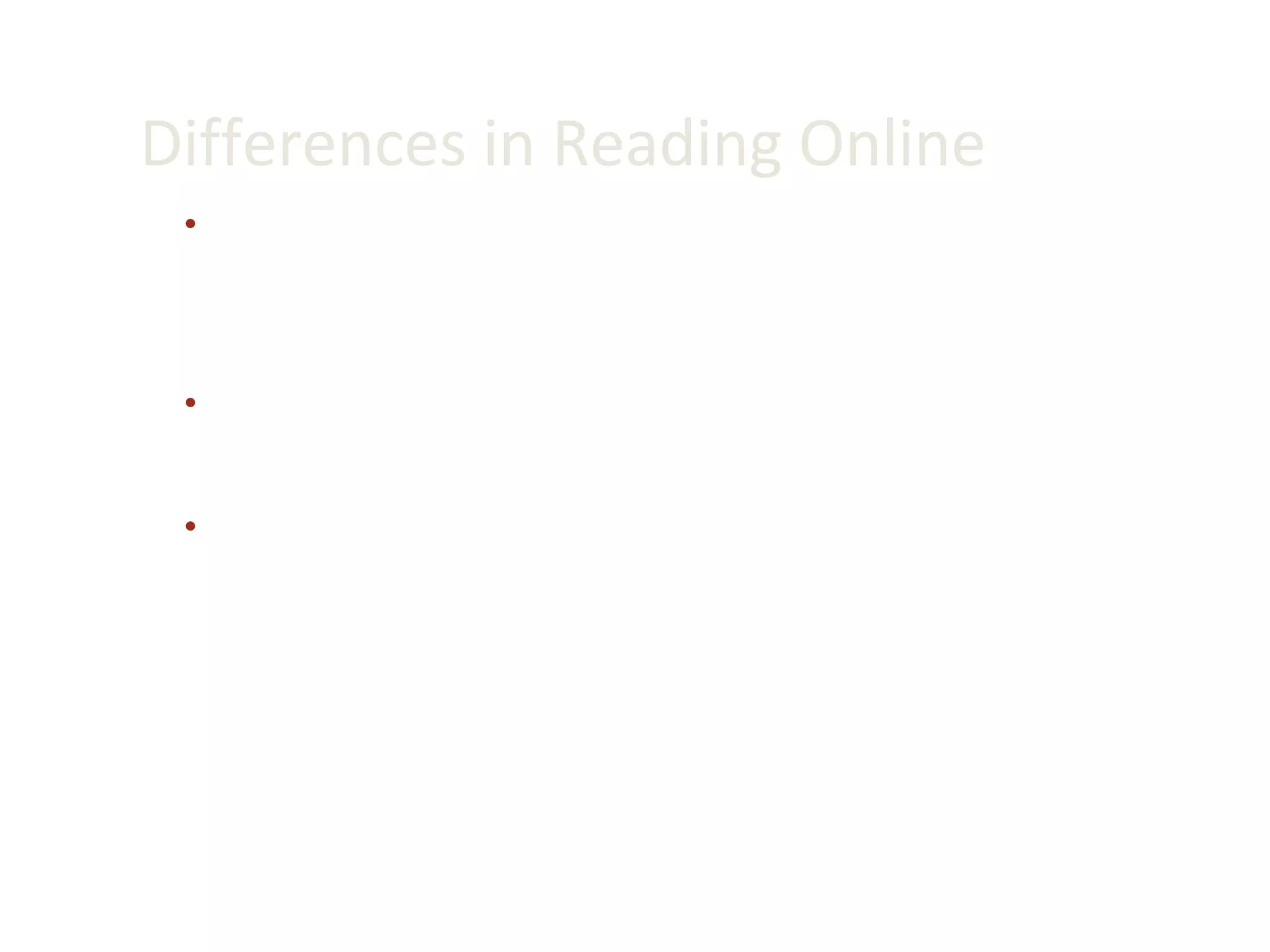 Differences in Reading Online Riko is an example of a high achieving offline reader who also is highly proficient with online reading comprehension.  His example supports the prevailing assumption that online and offline reading is the same.  This hypothesis would predict that high achieving offline readers would also be high achieving online readers and that low achieving offline readers would also be low achieving online readers.  Marcos is a high achieving offline reader but a surprisingly low achieving online reader.  His case  provides evidence that there are additional new reading comprehension skills required during online reading comprehension.   Tomas is an example of a very weak offline reader, being provided with supportive services as a student with a specific learning disability in reading.  Surprisingly, however, he was among the top 15% of online readers in our sample. His example shows us that readers who struggle with offline materials may not struggle with online materials to the same extent, as long as they have the skills and strategies essential to online reading comprehension.   