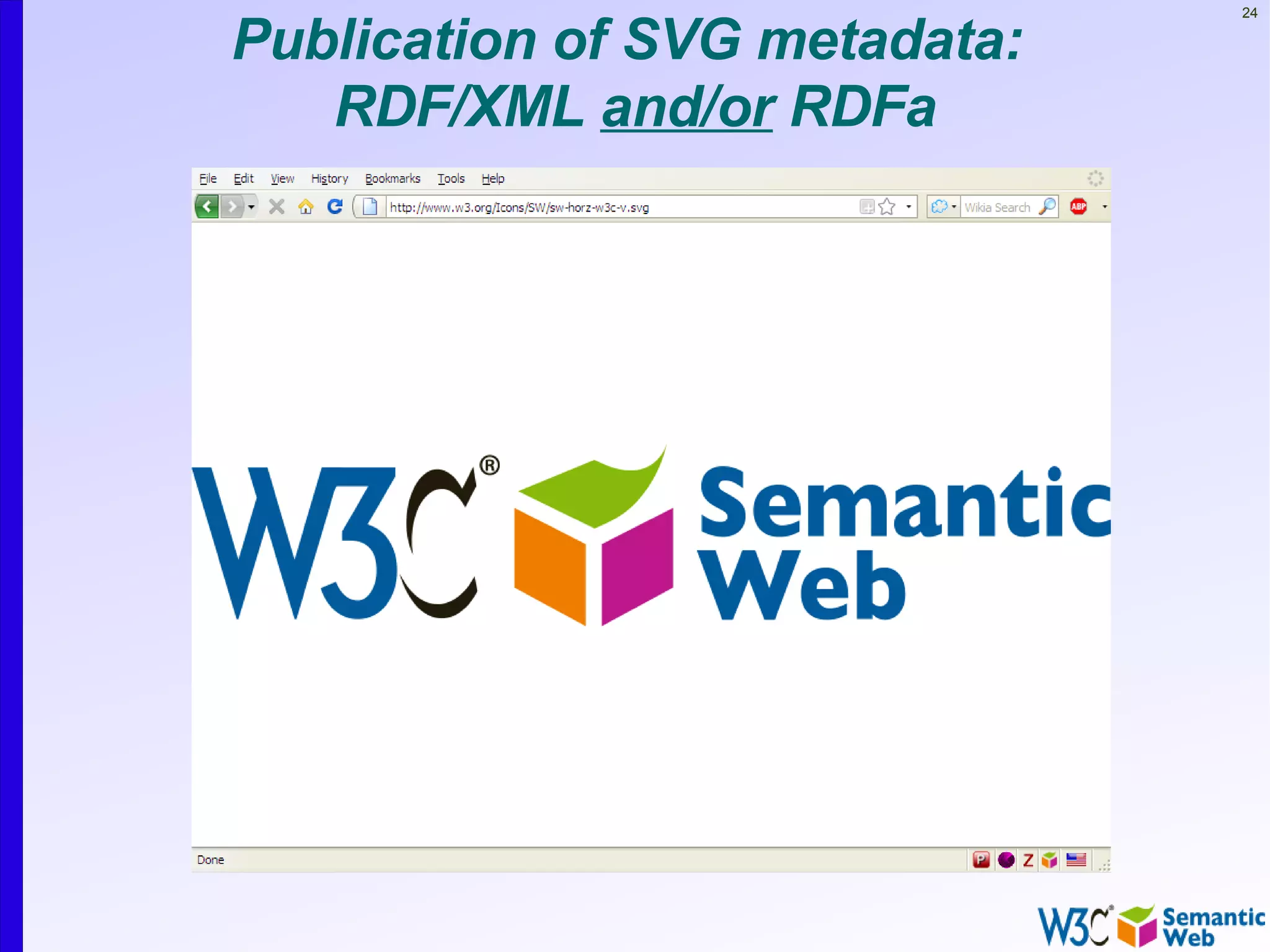 24

Publication of SVG metadata:
   RDF/XML and/or RDFa
 
