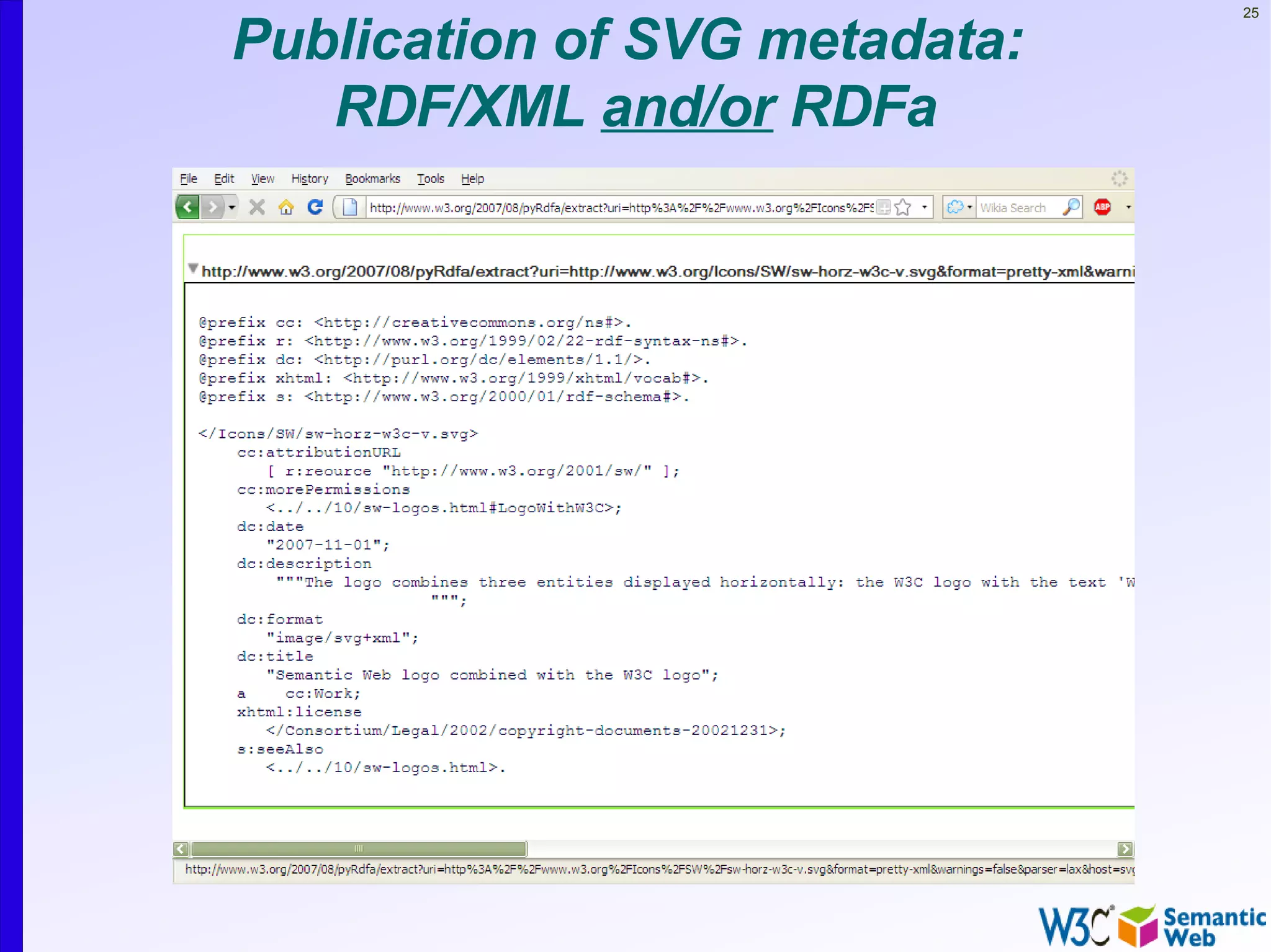 25

Publication of SVG metadata:
   RDF/XML and/or RDFa
 