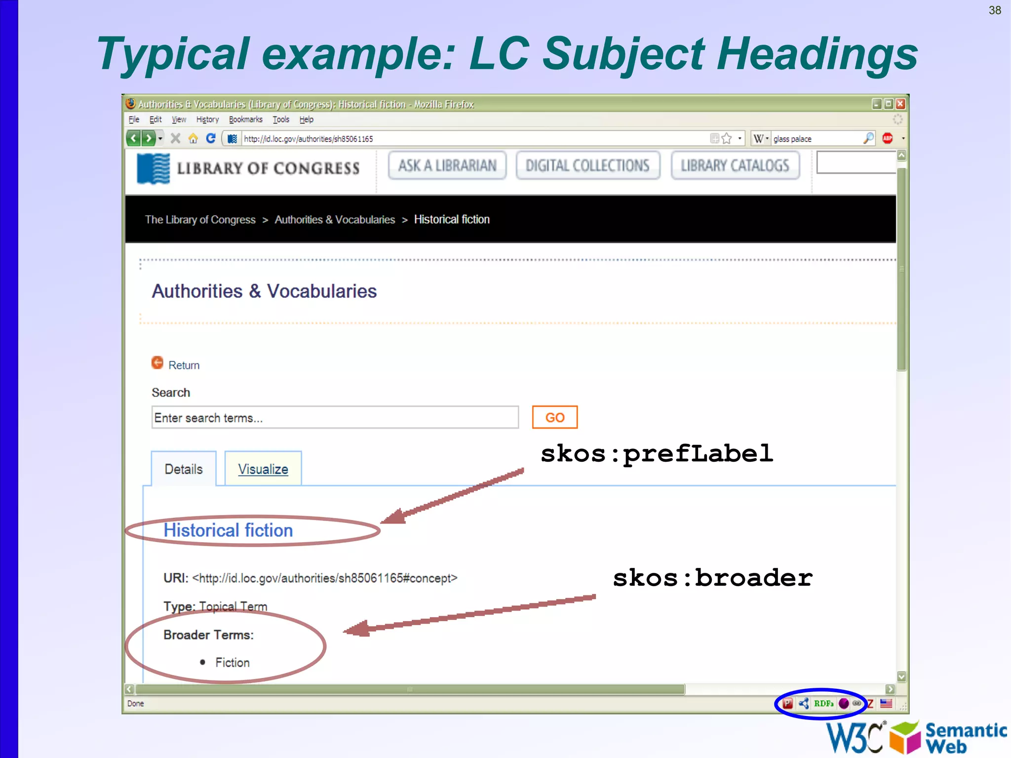 38



Typical example: LC Subject Headings




                   skos:prefLabel



                       skos:broader
 