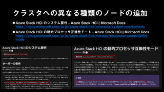 クラスタへの異なる種類のノードの追加
 Azure Stack HCI のシステム要件 - Azure Stack HCI | Microsoft Docs
https://docs.microsoft.com/ja-jp/azure-stack/hci/concepts/system-requirements
 Azure Stack HCI の動的プロセッサ互換性モード - Azure Stack HCI | Microsoft Docs
https://docs.microsoft.com/ja-jp/azure-stack/hci/manage/processor-compatibility-
mode
 