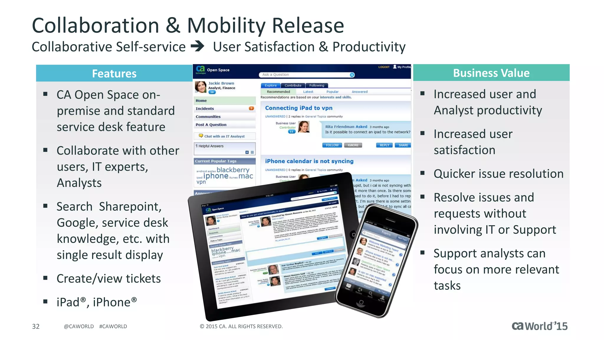 32 © 2015 CA. ALL RIGHTS RESERVED.@CAWORLD #CAWORLD
Collaboration & Mobility Release
Collaborative Self-service  User Satisfaction & Productivity
Features
 CA Open Space on-
premise and standard
service desk feature
 Collaborate with other
users, IT experts,
Analysts
 Search Sharepoint,
Google, service desk
knowledge, etc. with
single result display
 Create/view tickets
 iPad®, iPhone®
Business Value
 Increased user and
Analyst productivity
 Increased user
satisfaction
 Quicker issue resolution
 Resolve issues and
requests without
involving IT or Support
 Support analysts can
focus on more relevant
tasks
 