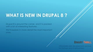 WHAT IS NEW IN DRUPAL 8 ?
Drupal 8 is around the corner, and it is packed
with a lot of interesting features.
We’ll explore in more detail the most important
ones.
Affordable web development services
for startups and small business.
 