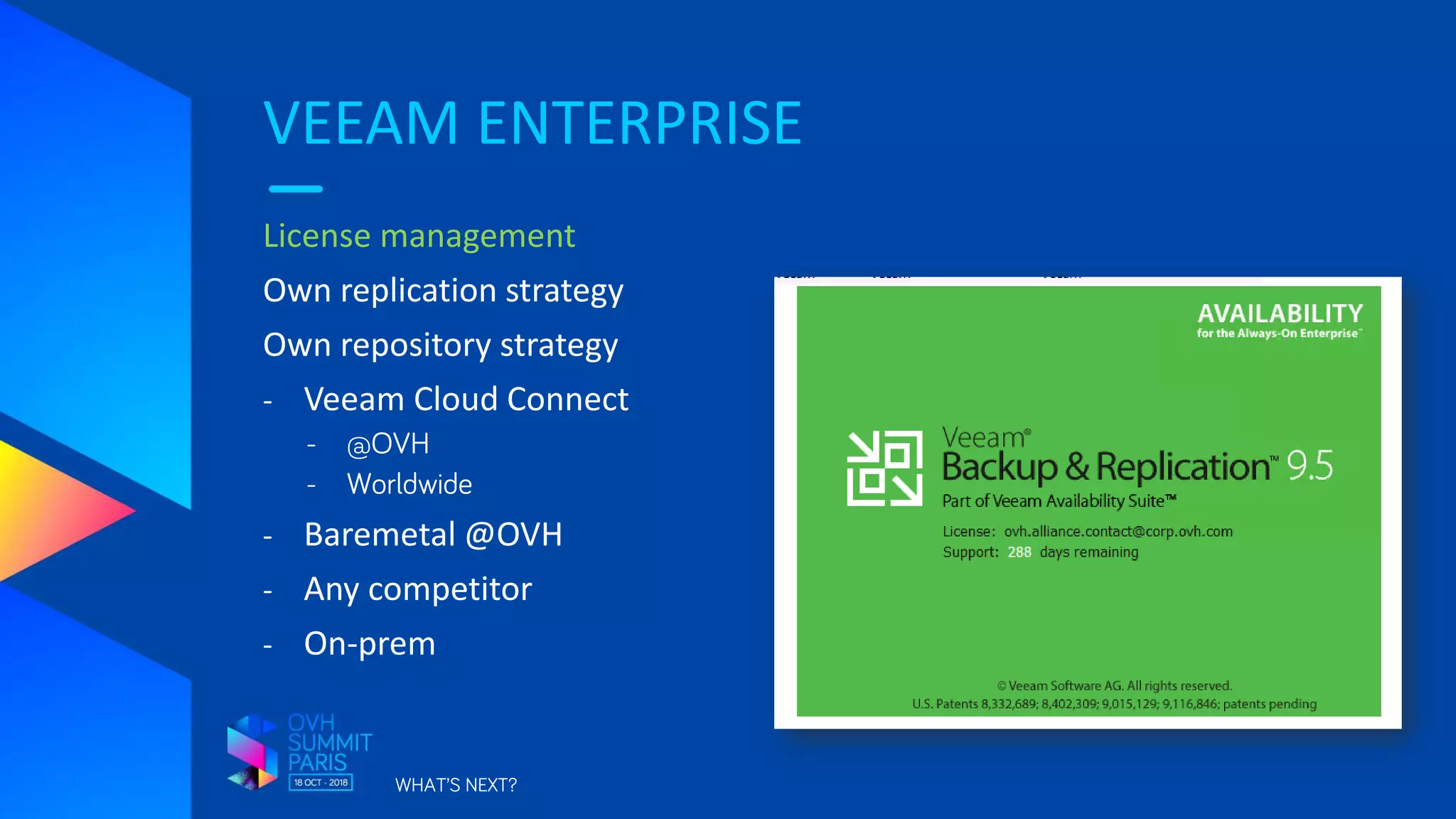 VEEAM ENTERPRISE
WHAT’S NEXT?
License management
Own replication strategy
Own repository strategy
- Veeam Cloud Connect
- @OVH
- Worldwide
- Baremetal @OVH
- Any competitor
- On-prem
 