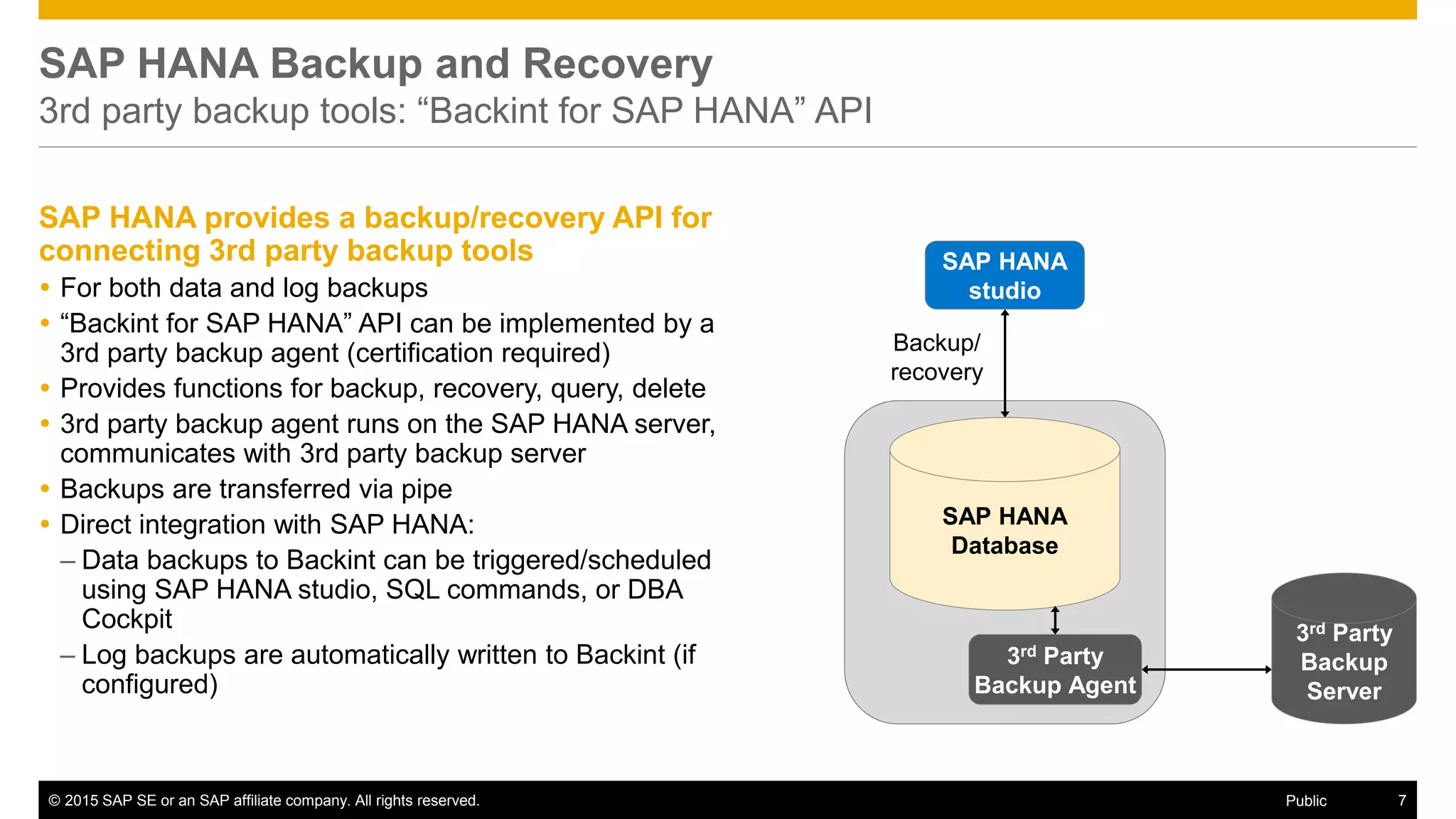 © 2015 SAP SE or an SAP affiliate company. All rights reserved. 7Public
SAP HANA Backup and Recovery
3rd party backup tools: “Backint for SAP HANA” API
SAP HANA provides a backup/recovery API for
connecting 3rd party backup tools
 For both data and log backups
 “Backint for SAP HANA” API can be implemented by a
3rd party backup agent (certification required)
 Provides functions for backup, recovery, query, delete
 3rd party backup agent runs on the SAP HANA server,
communicates with 3rd party backup server
 Backups are transferred via pipe
 Direct integration with SAP HANA:
– Data backups to Backint can be triggered/scheduled
using SAP HANA studio, SQL commands, or DBA
Cockpit
– Log backups are automatically written to Backint (if
configured)
SAP HANA
Database
3rd Party
Backup
Server
3rd Party
Backup Agent
SAP HANA
studio
Backup/
recovery
 