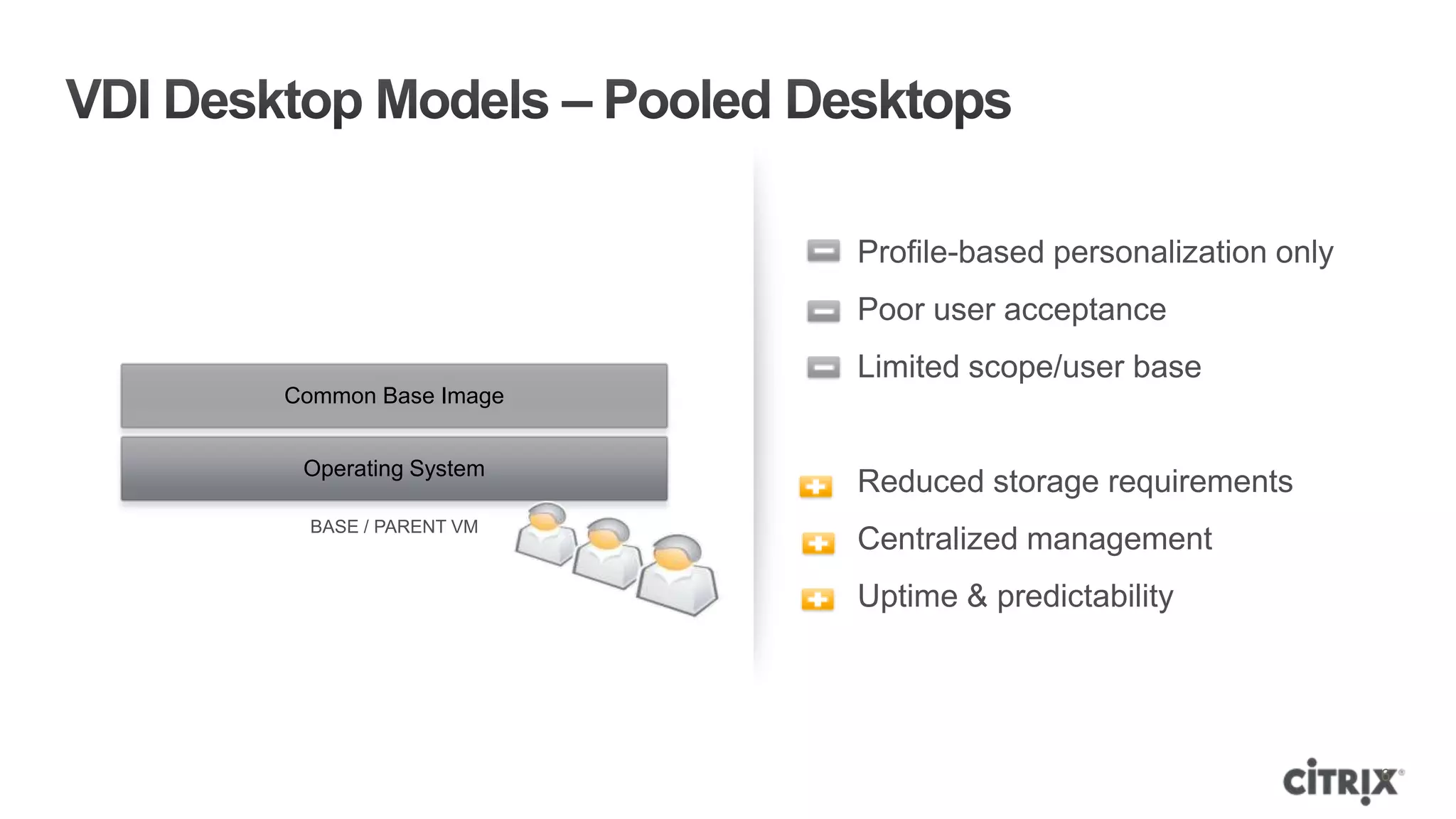 Profile-based personalization only
                     Poor user acceptance
                     Limited scope/user base
Common Base Image


 Operating System
                     Reduced storage requirements
  BASE / PARENT VM
                     Centralized management
                     Uptime & predictability




                                                          6
 