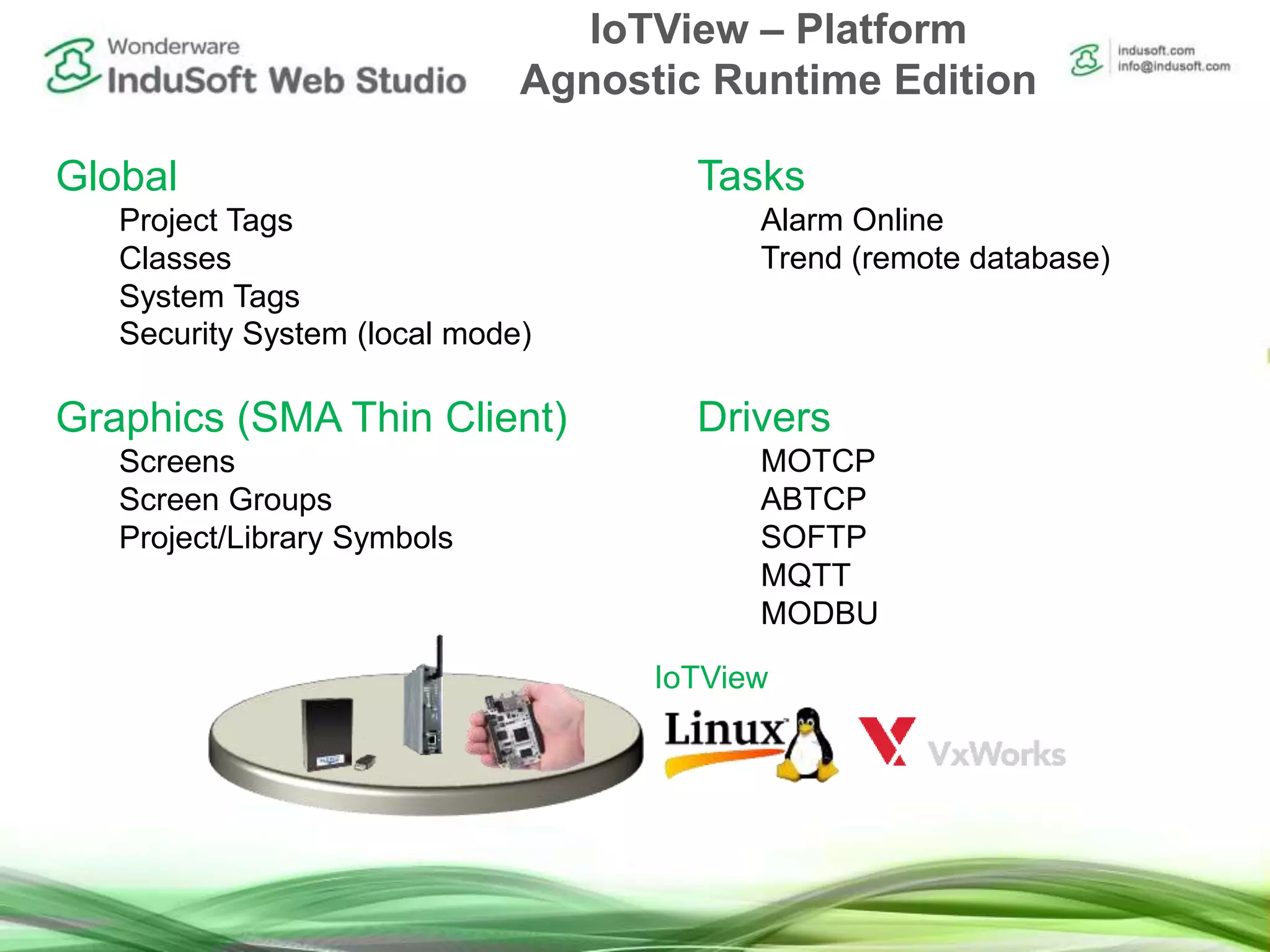 IoTView
Global
Project Tags
Classes
System Tags
Security System (local mode)
Graphics (SMA Thin Client)
Screens
Screen Groups
Project/Library Symbols
Tasks
Alarm Online
Trend (remote database)
Drivers
MOTCP
ABTCP
SOFTP
MQTT
MODBU
IoTView – Platform
Agnostic Runtime Edition
 