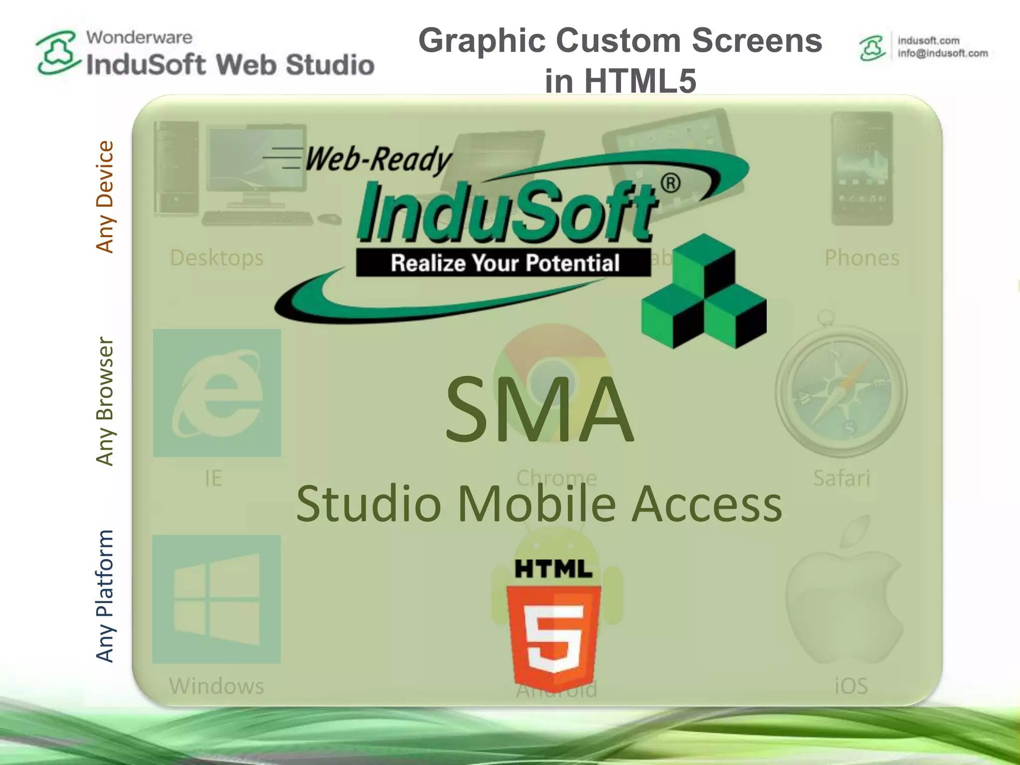 AnyDeviceAnyBrowserAnyPlatform
Windows Android iOS
IE Chrome Safari
Desktops Notebooks Tablets Phones
SMA
Studio Mobile Access
Graphic Custom Screens
in HTML5
 