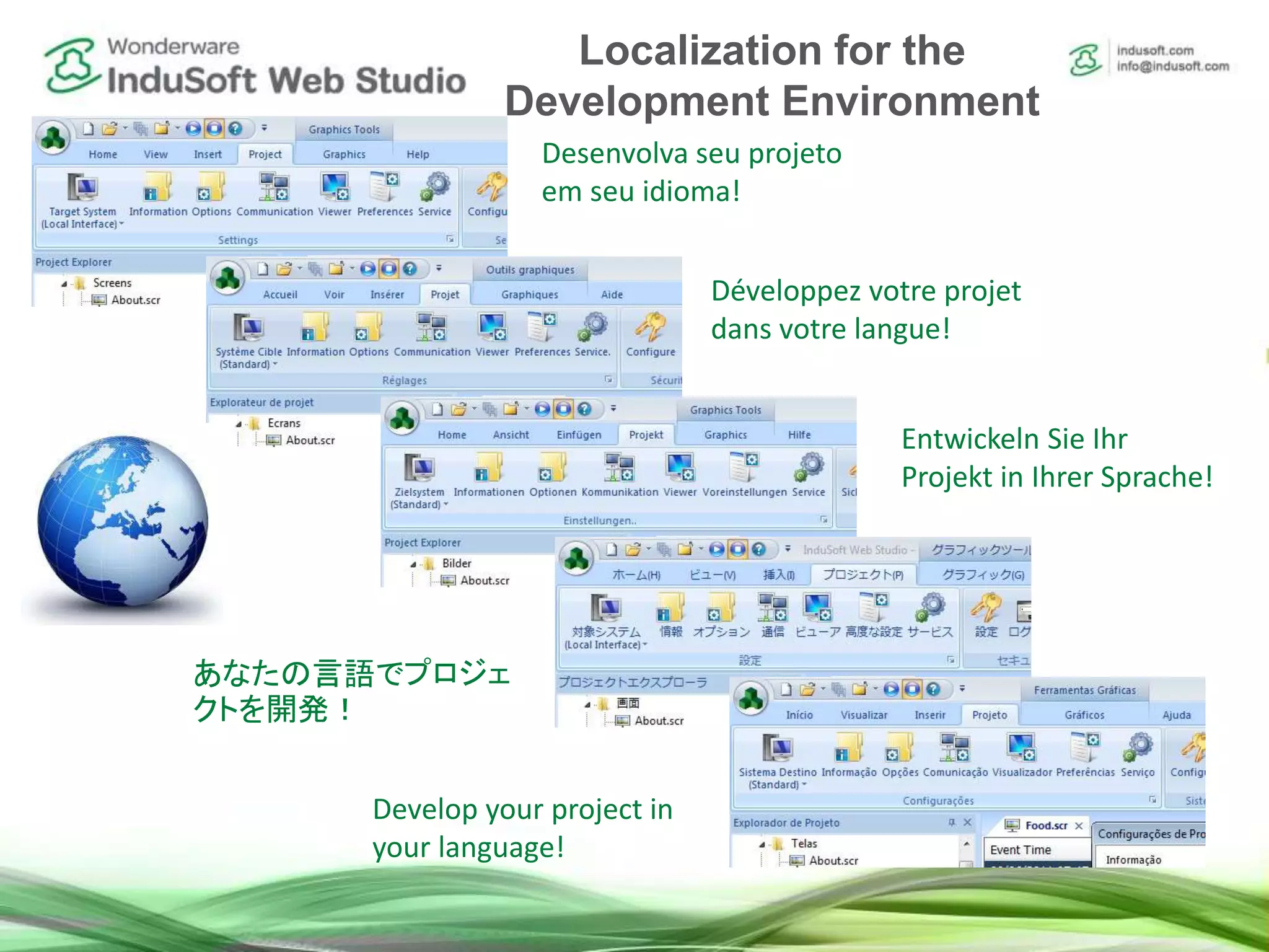 Entwickeln Sie Ihr
Projekt in Ihrer Sprache!
Develop your project in
your language!
あなたの言語でプロジェ
クトを開発！
Développez votre projet
dans votre langue!
Desenvolva seu projeto
em seu idioma!
Localization for the
Development Environment
 