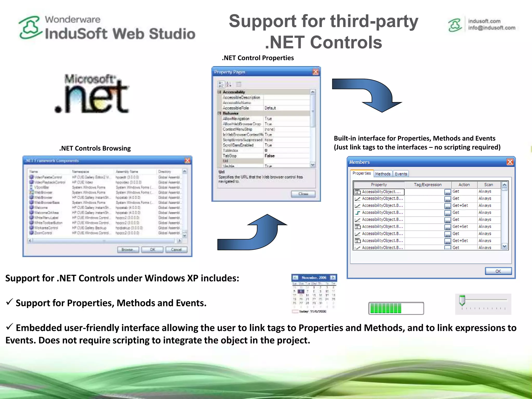 Container for .NET Controls
Support for .NET Controls under Windows XP includes:
 Support for Properties, Methods and Events.
 Embedded user-friendly interface allowing the user to link tags to Properties and Methods, and to link expressions to
Events. Does not require scripting to integrate the object in the project.
.NET Controls Browsing
.NET Control Properties
Built-in interface for Properties, Methods and Events
(Just link tags to the interfaces – no scripting required)
Support for third-party
.NET Controls
 