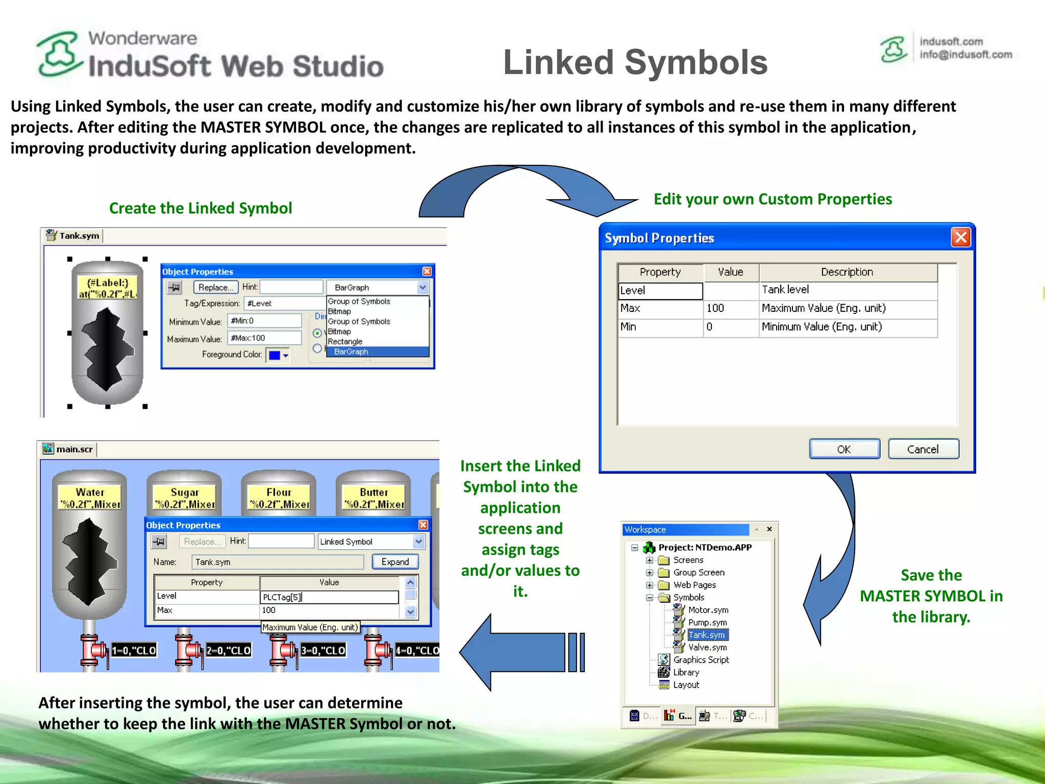 Linked Symbols
Using Linked Symbols, the user can create, modify and customize his/her own library of symbols and re-use them in many different
projects. After editing the MASTER SYMBOL once, the changes are replicated to all instances of this symbol in the application,
improving productivity during application development.
Create the Linked Symbol
Edit your own Custom Properties
Save the
MASTER SYMBOL in
the library.
Insert the Linked
Symbol into the
application
screens and
assign tags
and/or values to
it.
After inserting the symbol, the user can determine
whether to keep the link with the MASTER Symbol or not.
Linked Symbols
 