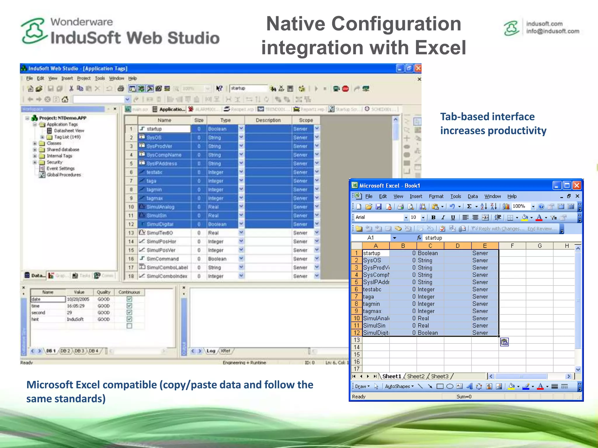User-friendly development interface
Microsoft Excel compatible (copy/paste data and follow the
same standards)
Tab-based interface
increases productivity
Native Configuration
integration with Excel
 