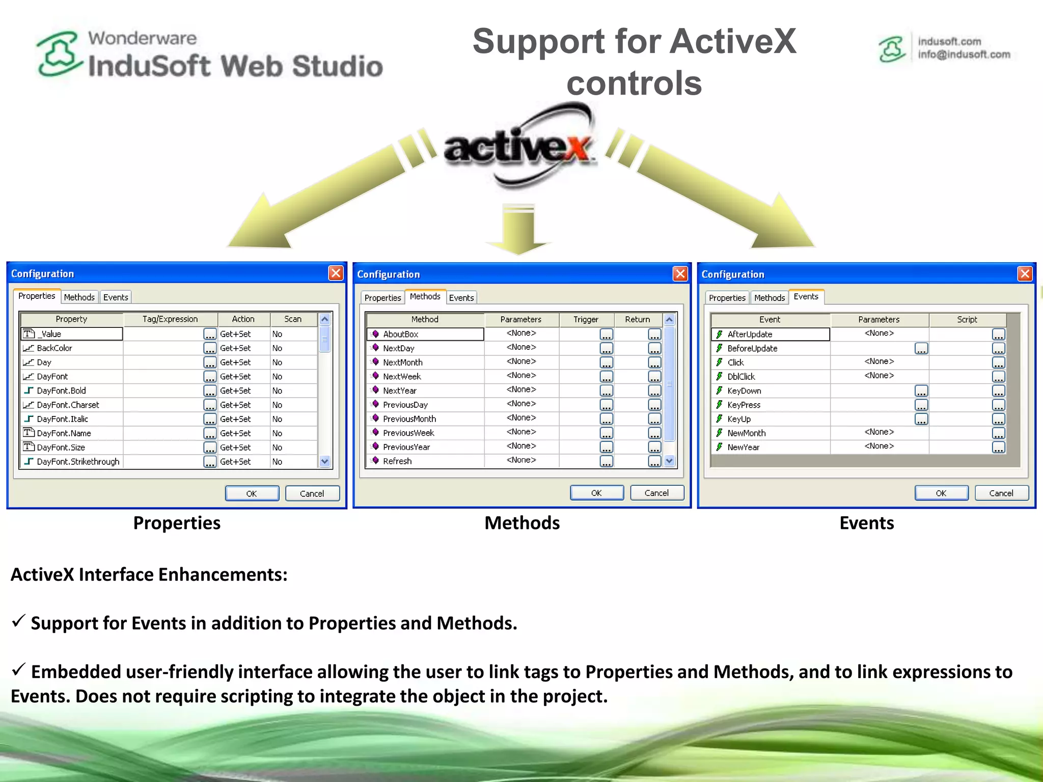 Intuitive and flexible ActiveX Interface
ActiveX Interface Enhancements:
 Support for Events in addition to Properties and Methods.
 Embedded user-friendly interface allowing the user to link tags to Properties and Methods, and to link expressions to
Events. Does not require scripting to integrate the object in the project.
Properties Methods Events
Support for ActiveX
controls
 