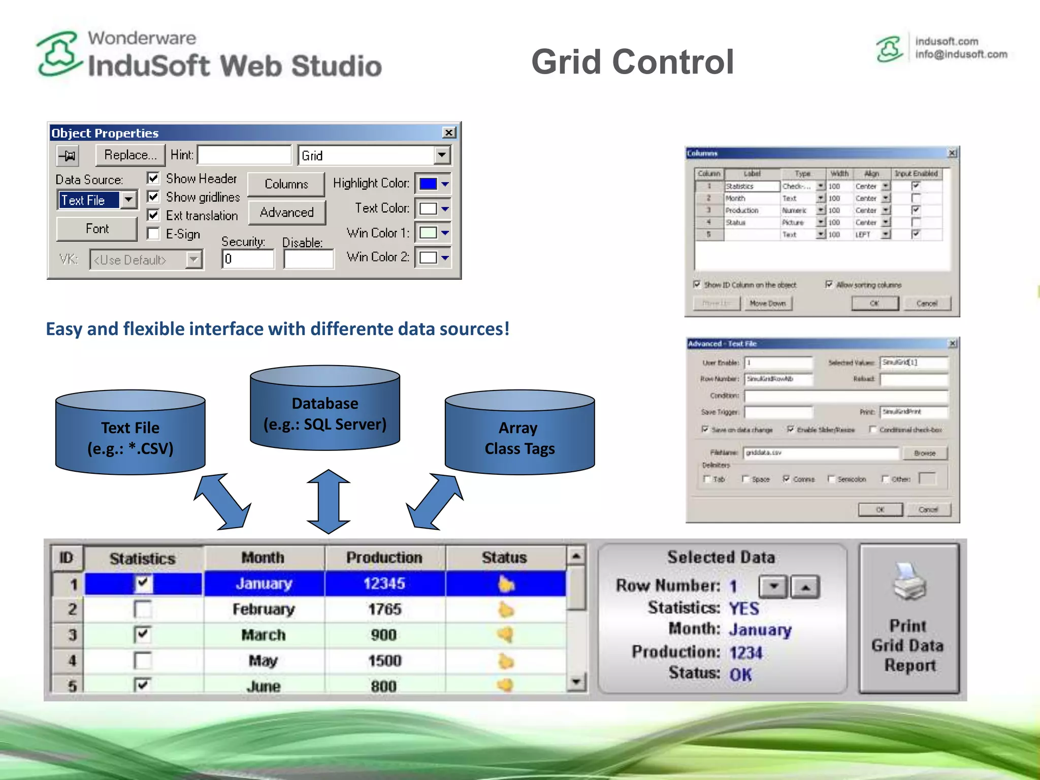 Grid Control Active Object
Easy and flexible interface with differente data sources!
Text File
(e.g.: *.CSV)
Database
(e.g.: SQL Server) Array
Class Tags
Grid Control
 