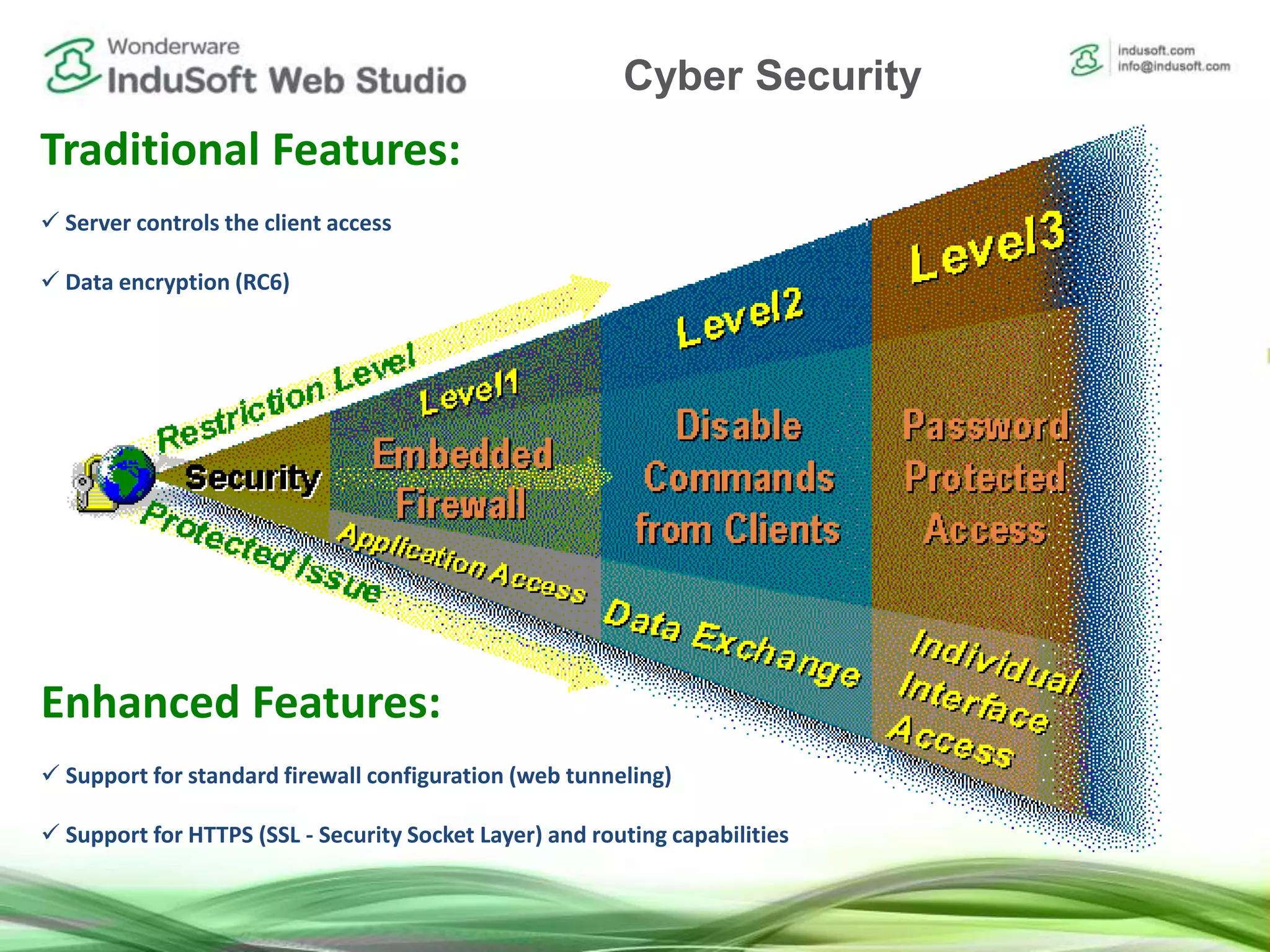 Web Solution - SecurityTraditional Features:
 Server controls the client access
 Data encryption (RC6)
Enhanced Features:
 Support for standard firewall configuration (web tunneling)
 Support for HTTPS (SSL - Security Socket Layer) and routing capabilities
Cyber Security
 