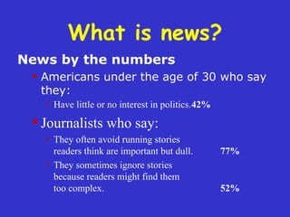 What is news? Have little or no interest in politics. 42% Journalists who say: They often avoid running stories  readers think are important but dull. 77% They sometimes ignore stories  because readers might find them  too complex.  52% News by the numbers Americans under the age of 30 who say they: 