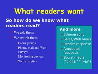 What readers want We ask them. We watch them. Focus groups Phone, mail and Web surveys Monitoring devices Web analytics So how do we know what  readers read? And more Ethnography Sales/Web views Reader response Anecdotal  feedback Social media ( “diggs,” “likes”) 