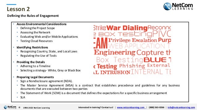 © 1998-2021 NetCom Learning www.netcomlearning.com info@netcomlearning.com 1-888-563-8266
|
|
© 1998-2021 NetCom Learning www.netcomlearning.com info@netcomlearning.com 1-888-563-8266
|
|
Lesson 2
© Interested in training? Contact us! | www.netcomlearning.com | (888) 563-8266 | info@netcomlearning.com
1998-2022 NetCom Learning
Defining the Rules of Engagement
• Assess Environmental Considerations
• Definingthe Project Scope
• Assessing the Network
• Evaluating Web and/or Mobile Applications
• Testing Cloud Resources
• Identifying Restrictions
• Recognizing Country, State, and Local Laws
• Regulating the Use of Tools
• Providing the Details
• Adhering to a Timeline
• Selecting a strategy- White, Grey or Black Box
• Preparing Legal Documents
• Sign a Nondisclosure agreement (NDA).
• The Master Service Agreement (MSA) is a contract that establishes precedence and guidelines for any business
documents that are executed between two parties
• The Statement of Work (SOW) is a document that defines the expectations for a specific business arrangement
• SLA
 