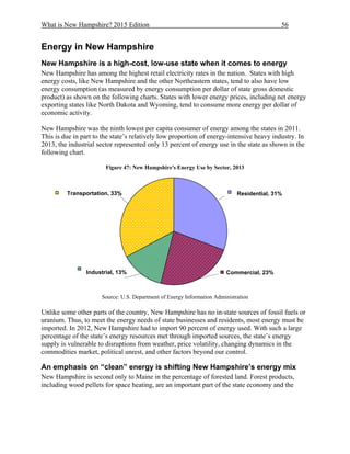What is New Hampshire? 2015 Edition 56
Energy in New Hampshire
New Hampshire is a high-cost, low-use state when it comes to energy
New Hampshire has among the highest retail electricity rates in the nation. States with high
energy costs, like New Hampshire and the other Northeastern states, tend to also have low
energy consumption (as measured by energy consumption per dollar of state gross domestic
product) as shown on the following charts. States with lower energy prices, including net energy
exporting states like North Dakota and Wyoming, tend to consume more energy per dollar of
economic activity.
New Hampshire was the ninth lowest per capita consumer of energy among the states in 2011.
This is due in part to the state’s relatively low proportion of energy-intensive heavy industry. In
2013, the industrial sector represented only 13 percent of energy use in the state as shown in the
following chart.
Figure 47: New Hampshire's Energy Use by Sector, 2013
Source: U.S. Department of Energy Information Administration
Unlike some other parts of the country, New Hampshire has no in-state sources of fossil fuels or
uranium. Thus, to meet the energy needs of state businesses and residents, most energy must be
imported. In 2012, New Hampshire had to import 90 percent of energy used. With such a large
percentage of the state’s energy resources met through imported sources, the state’s energy
supply is vulnerable to disruptions from weather, price volatility, changing dynamics in the
commodities market, political unrest, and other factors beyond our control.
An emphasis on “clean” energy is shifting New Hampshire’s energy mix
New Hampshire is second only to Maine in the percentage of forested land. Forest products,
including wood pellets for space heating, are an important part of the state economy and the
Residential, 31%
Commercial, 23%Industrial, 13%
Transportation, 33%
 