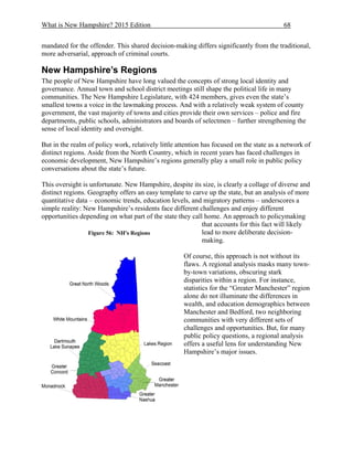 What is New Hampshire? 2015 Edition 68
mandated for the offender. This shared decision-making differs significantly from the traditional,
more adversarial, approach of criminal courts.
New Hampshire’s Regions
The people of New Hampshire have long valued the concepts of strong local identity and
governance. Annual town and school district meetings still shape the political life in many
communities. The New Hampshire Legislature, with 424 members, gives even the state’s
smallest towns a voice in the lawmaking process. And with a relatively weak system of county
government, the vast majority of towns and cities provide their own services – police and fire
departments, public schools, administrators and boards of selectmen – further strengthening the
sense of local identity and oversight.
But in the realm of policy work, relatively little attention has focused on the state as a network of
distinct regions. Aside from the North Country, which in recent years has faced challenges in
economic development, New Hampshire’s regions generally play a small role in public policy
conversations about the state’s future.
This oversight is unfortunate. New Hampshire, despite its size, is clearly a collage of diverse and
distinct regions. Geography offers an easy template to carve up the state, but an analysis of more
quantitative data – economic trends, education levels, and migratory patterns – underscores a
simple reality: New Hampshire’s residents face different challenges and enjoy different
opportunities depending on what part of the state they call home. An approach to policymaking
that accounts for this fact will likely
lead to more deliberate decision-
making.
Of course, this approach is not without its
flaws. A regional analysis masks many town-
by-town variations, obscuring stark
disparities within a region. For instance,
statistics for the “Greater Manchester” region
alone do not illuminate the differences in
wealth, and education demographics between
Manchester and Bedford, two neighboring
communities with very different sets of
challenges and opportunities. But, for many
public policy questions, a regional analysis
offers a useful lens for understanding New
Hampshire’s major issues.
Figure 56: NH's Regions
 