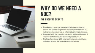 They keep a close eye on network’s infrastructure to
ensure the system’s uptime is not compromised due to
malware, network errors or other network related issues.
They deal with the complex networks and troubleshoot if
required by following the standard procedures.+
The high functional NOC help technicians in identifying
problems across the network before it occurs.
WHY DO WE NEED A
NOC?
THE ENDLESS DEBATE
 