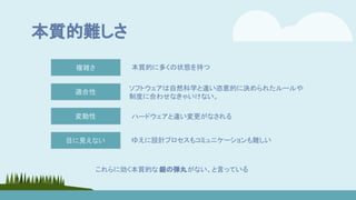 本質的難しさ
複雑さ
適合性
変動性
目に見えない
ソフトウェアは自然科学と違い恣意的に決められたルールや
制度に合わせなきゃいけない。
ハードウェアと違い変更がなされる
ゆえに設計プロセスもコミュニケーションも難しい
本質的に多くの状態を持つ
これらに効く本質的な 銀の弾丸がない、と言っている
 