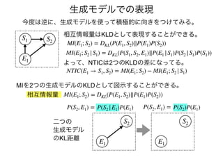 生成モデルでの表現
NTIC(E1 → S1, S2) = MI(E1; S2) − MI(E1; S2 |S1)
S1 S2
E1
MI(E1; S2) = DKL(P(E1, S2)∥P(E1)P(S2))
MI(E1; S2 |S1) = DKL(P(S1, S2, E1)∥P(E1 |S1)P(S2 |S1)P(S1))
相互情報量はKLDとして表現することができる。
よって、NTICは2つのKLDの差になってる。
MIを2つの生成モデルのKLDとして図示することができる。
P(S2 |E1)P(E1)
MI(E1; S2) = DKL(P(E1, S2)∥P(E1)P(S2))相互情報量
P(S2)P(E1)
二つの
生成モデル
のKL距離
S2 S2
E1E1
P(S2, E1) =
今度は逆に、生成モデルを使って積極的に向きをつけてみる。
P(S2, E1) =
 