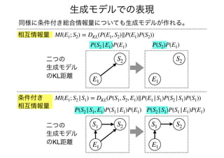 P(S2 |E1)P(E1)
MI(E1; S2) = DKL(P(E1, S2)∥P(E1)P(S2))
生成モデルでの表現
相互情報量
P(S2)P(E1)
二つの
生成モデル
のKL距離
条件付き
相互情報量
MI(E1; S2 |S1) = DKL(P(S1, S2, E1)∥P(E1 |S1)P(S2 |S1)P(S1))
P(S2 |S1, E1)P(S1 |E1)P(E1)
S1 S2 S1 S2
P(S2 |S1)P(S1 |E1)P(E1)
二つの
生成モデル
のKL距離 E1E1
S2 S2
E1E1
同様に条件付き総合情報量についても生成モデルが作れる。
 