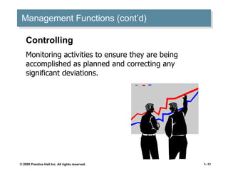 Management Functions (cont’d) Controlling Monitoring activities to ensure they are being accomplished as planned and correcting any significant deviations. 