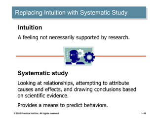 Replacing Intuition with Systematic Study Systematic study Looking at relationships, attempting to attribute causes and effects, and drawing conclusions based on scientific evidence. Provides a means to predict behaviors. Intuition A feeling not necessarily supported by research. 