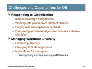 Challenges and Opportunities for OB
Challenges and Opportunities for OB
 Responding to Globalization
–
–
–
–

Increased foreign assignments
Working with people from different cultures
Coping with anti-capitalism backlash
Overseeing movement of jobs to countries with lowcost labor

 Managing Workforce Diversity
– Embracing diversity
– Changing U.S. demographics
– Implications for managers
• Recognizing and responding to differences

© 2005 Prentice Hall Inc. All rights reserved.

1–29

 
