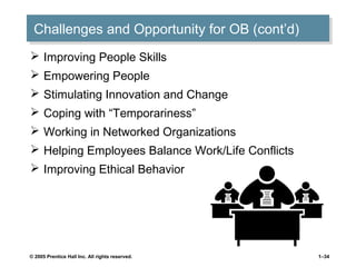 Challenges and Opportunity for OB (cont’d)
Challenges and Opportunity for OB (cont’d)
 Improving People Skills
 Empowering People
 Stimulating Innovation and Change
 Coping with “Temporariness”
 Working in Networked Organizations
 Helping Employees Balance Work/Life Conflicts
 Improving Ethical Behavior

© 2005 Prentice Hall Inc. All rights reserved.

1–34

 
