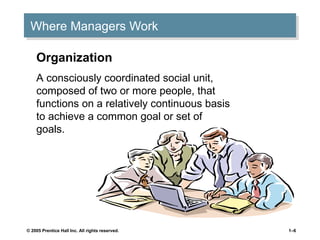 Where Managers Work
Where Managers Work
Organization
A consciously coordinated social unit,
composed of two or more people, that
functions on a relatively continuous basis
to achieve a common goal or set of
goals.

© 2005 Prentice Hall Inc. All rights reserved.

1–6

 