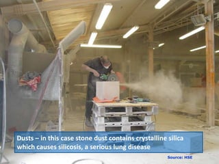 Silica released during stone cutting
                           activities
Dusts – in this case stone dust contains crystalline silica
which causes silicosis, a serious lung disease
                                                     Source: HSE
 