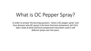 What is OC Pepper Spray?
In order to answer the burning question, "what is OC pepper spray" and
thus discover why OC sprays is the best chemical component, let's first
take a look at what chemical components have been used in self
defense sprays over the years.
 