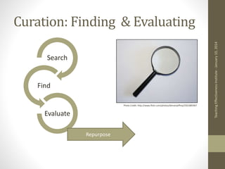 Curation: Finding & Evaluating
Teaching
Effectiveness
Institute
-
January
10,
2014
Photo Credit: http://www.flickr.com/photos/denverjeffrey/2561885967
Search
Find
Evaluate
Repurpose
 